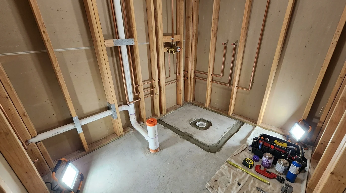 Bathroom rough-in plumbing during remodel by Johns Plumbing LLC in Collegedale
