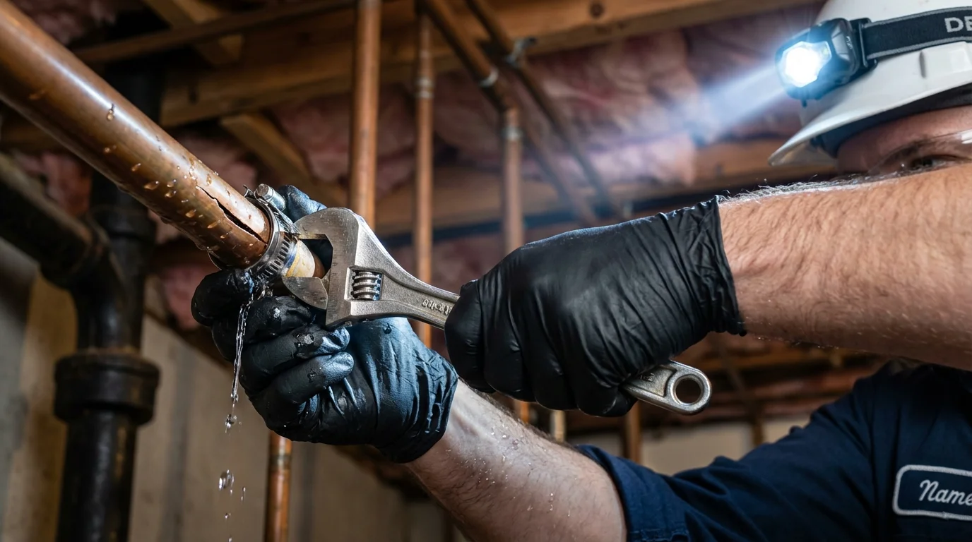 Emergency pipe clamp repair being performed by a Johns Plumbing LLC plumber in Collegedale